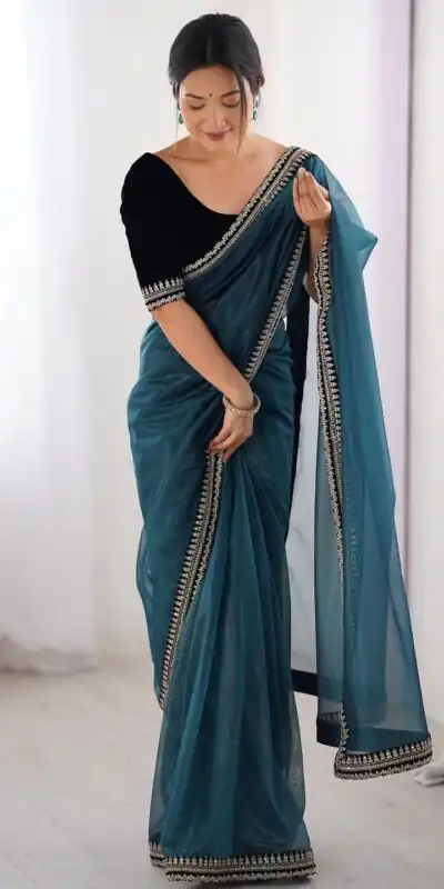 SC 1017 Teal Soft Twil Net Silk Saree Perfect for Wedding, Party, Temple Visit, Reception, Sangeet – . Now at just ₹1699. Delivery 4-6 Working Days. | Sarees, Bollywood Sarees, Creative Sarees, Designer Sarees, Embroidered Sarees, Ethnic Saree, Modern Digital sarees, Party Wear Sarees
