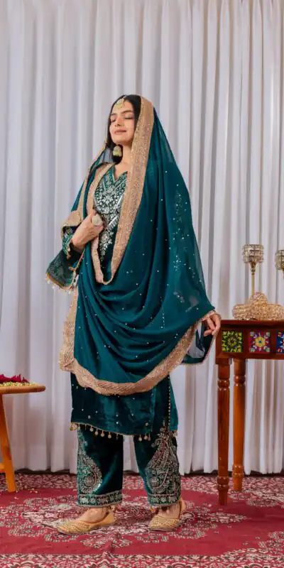 AD 134 Teal Color Heavy Pure Viscose Velvet Embroidery Sharara Suit Wedding, Party, Festive, Events Etc. Expected Delivery  4-6 Working Days @2099/- | Jump Suits, Salwar suit, Designer Suits, Casual Suits, Creative suits, Palazzo Suits, Party Wear Suits, Patiala Suits, Straight Suits