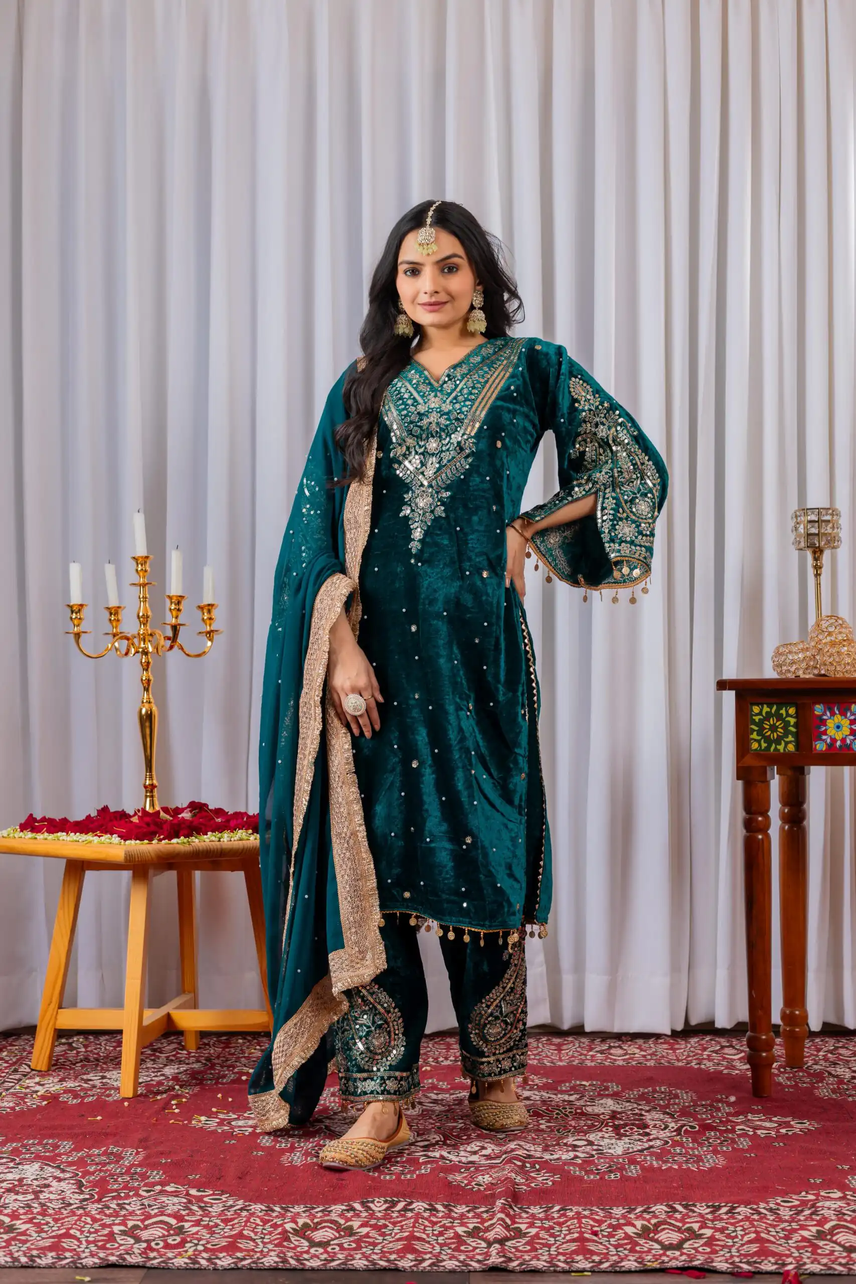 AD 134 Teal Color Heavy Pure Viscose Velvet Embroidery Sharara Suit Wedding, Party, Festive, Events Etc. Expected Delivery  4-6 Working Days @2099/- | Jump Suits, Salwar suit, Designer Suits, Casual Suits, Creative suits, Palazzo Suits, Party Wear Suits, Patiala Suits, Straight Suits