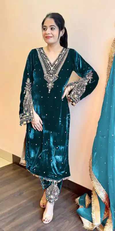 AD 134 Teal Color Heavy Pure Viscose Velvet Embroidery Sharara Suit Wedding, Party, Festive, Events Etc. Expected Delivery  4-6 Working Days @2099/- | Jump Suits, Salwar suit, Designer Suits, Casual Suits, Creative suits, Palazzo Suits, Party Wear Suits, Patiala Suits, Straight Suits