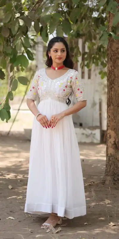 KA 1110 White Faux Blooming Gown Perfect for Wedding, Party, Holi, Lohri, Baby Shower – . Introductory Price ₹1649. Delivery 4-6 Working Days. Shop no | Gowns, Bollywood Gowns, Creative Gowns, Designer Gowns, Embroidered Gowns, Party Wear Gowns