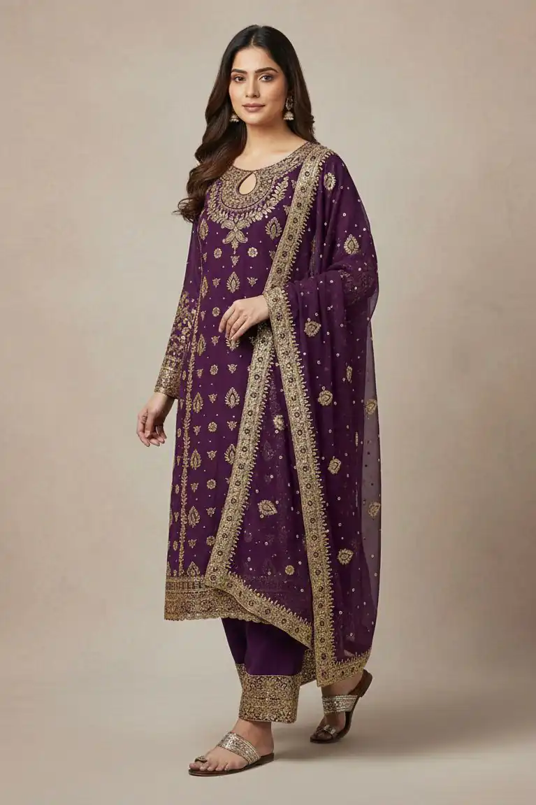 SRK 5231 Wine Color Pure Chinon Silk With Embroidery Sequence Work Salwar Suit Casual, Wedding, Party, Festive, Events Etc.4-6 Working Days@ 2699/-only | Designer Suits, Jump Suits, Salwar suit, Casual Suits, Creative suits, Palazzo Suits, Party Wear Suits, Patiala Suits, Straight Suits