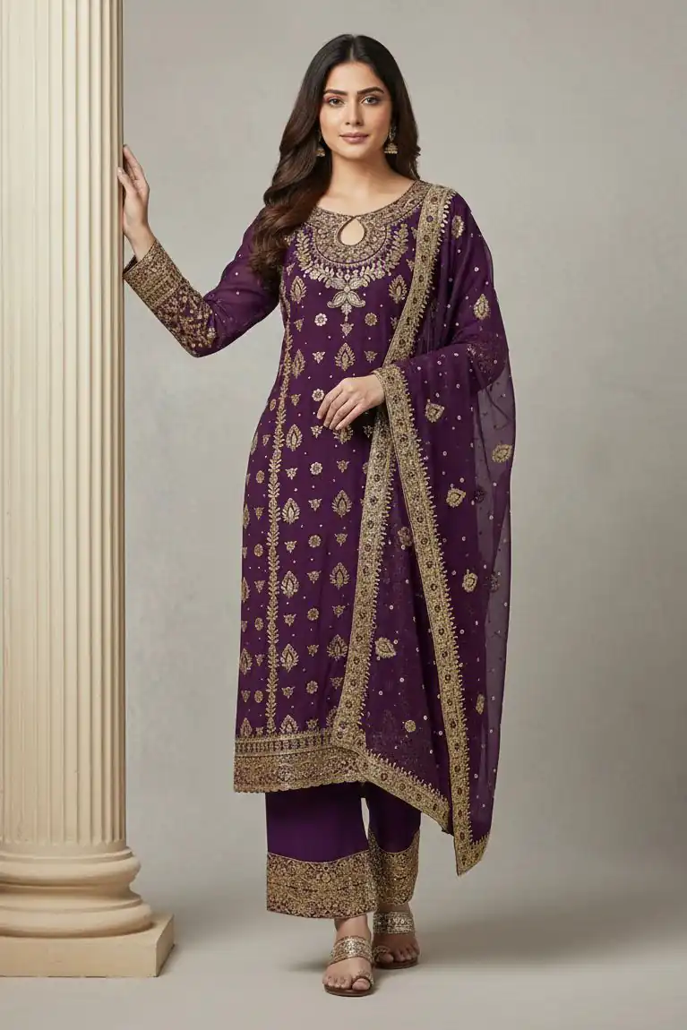 SRK 5231 Wine Color Pure Chinon Silk With Embroidery Sequence Work Salwar Suit Casual, Wedding, Party, Festive, Events Etc.4-6 Working Days@ 2699/-only | Designer Suits, Jump Suits, Salwar suit, Casual Suits, Creative suits, Palazzo Suits, Party Wear Suits, Patiala Suits, Straight Suits