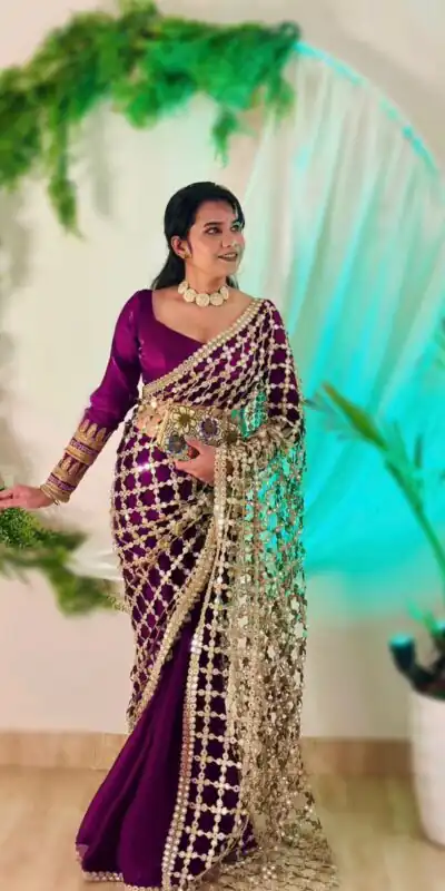 SRK 5322 Wine Fendy Silk Saree with Lace Work & Mirror Work. Wedding, Party, Festive, Events, Festive Deal ₹2499. Delivery 4-6 Working Days. Shop now. | Sarees, Bollywood Sarees, Creative Sarees, Designer Sarees, Embroidered Sarees, Ethnic Saree, Modern Digital sarees, Party Wear Sarees