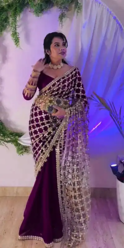 SRK 5322 Wine Fendy Silk Saree with Lace Work & Mirror Work. Wedding, Party, Festive, Events, Festive Deal ₹2499. Delivery 4-6 Working Days. Shop now. | Sarees, Bollywood Sarees, Creative Sarees, Designer Sarees, Embroidered Sarees, Ethnic Saree, Modern Digital sarees, Party Wear Sarees