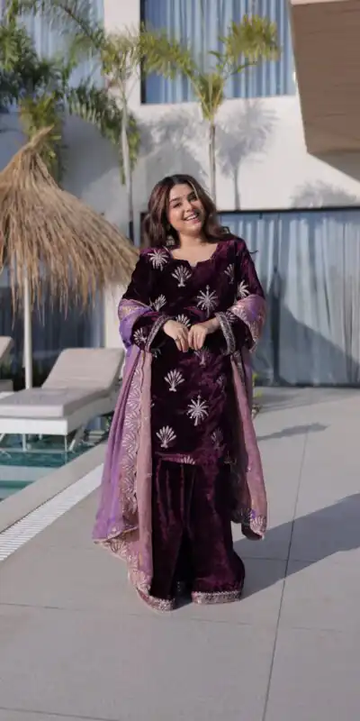 KA 1220 Wine Ice Velvet Salwar Suit with Embroidery Work & Zari Work. Exclusive Offer ₹2499. Delivery 4-6 Working Days. Shop now. | Jump Suits, Salwar suit, Designer Suits, Casual Suits, Creative suits, Palazzo Suits, Party Wear Suits, Patiala Suits, Straight Suits
