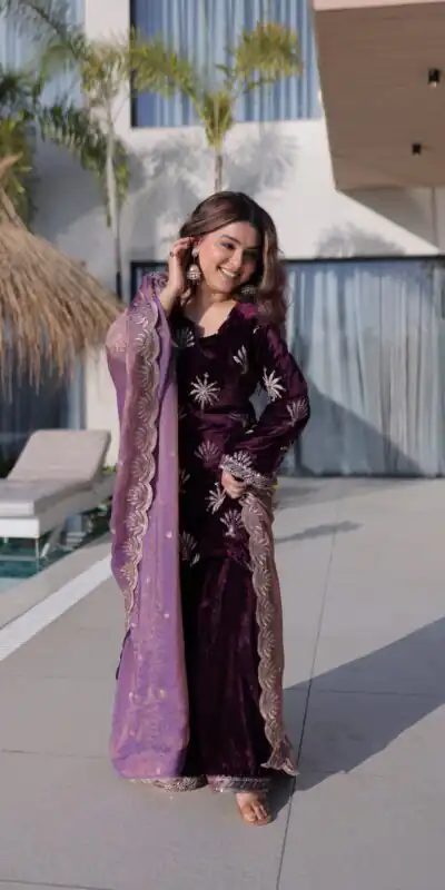 KA 1220 Wine Ice Velvet Salwar Suit with Embroidery Work & Zari Work. Exclusive Offer ₹2499. Delivery 4-6 Working Days. Shop now. | Jump Suits, Salwar suit, Designer Suits, Casual Suits, Creative suits, Palazzo Suits, Party Wear Suits, Patiala Suits, Straight Suits