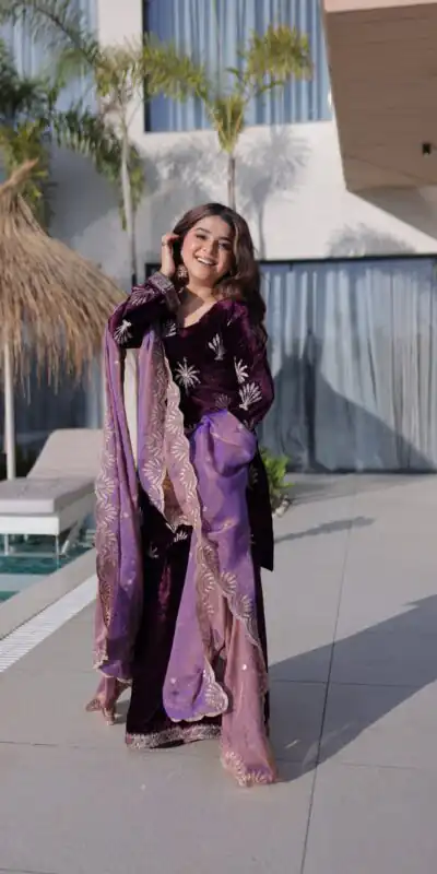KA 1220 Wine Ice Velvet Salwar Suit with Embroidery Work & Zari Work. Exclusive Offer ₹2499. Delivery 4-6 Working Days. Shop now. | Jump Suits, Salwar suit, Designer Suits, Casual Suits, Creative suits, Palazzo Suits, Party Wear Suits, Patiala Suits, Straight Suits