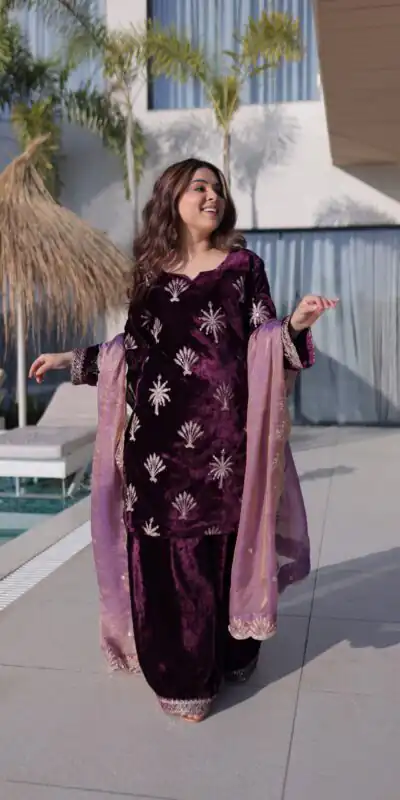 KA 1220 Wine Ice Velvet Salwar Suit with Embroidery Work & Zari Work. Exclusive Offer ₹2499. Delivery 4-6 Working Days. Shop now. | Jump Suits, Salwar suit, Designer Suits, Casual Suits, Creative suits, Palazzo Suits, Party Wear Suits, Patiala Suits, Straight Suits