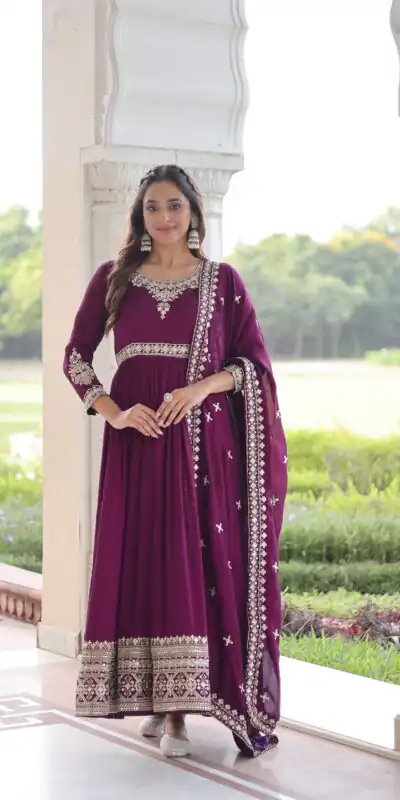 KA 1215 Wine Vichitra Silk Gown Perfect for Wedding, Party, Holi, Anniversary, Mehendi –. Grab it for ₹2449. Delivery 4-6 Working Days. Shop now. | Gowns, Bollywood Gowns, Creative Gowns, Designer Gowns, Embroidered Gowns, Party Wear Gowns