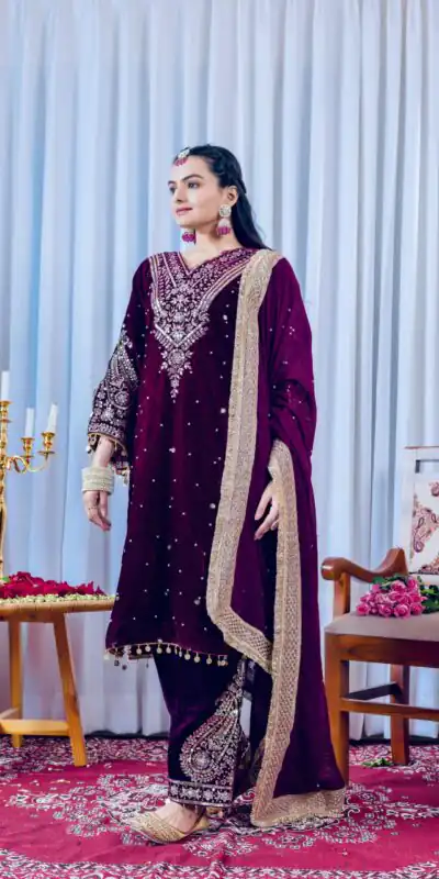 AD 134 Wine Color Heavy Pure Viscose Velvet Embroidery Sharara Suit Wedding, Party, Festive, Events Etc. Expected Delivery  4-6 Working Days @2099/- | Jump Suits, Salwar suit, Designer Suits, Casual Suits, Creative suits, Palazzo Suits, Party Wear Suits, Patiala Suits, Straight Suits