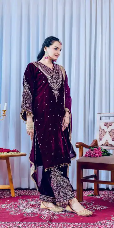 AD 134 Wine Color Heavy Pure Viscose Velvet Embroidery Sharara Suit Wedding, Party, Festive, Events Etc. Expected Delivery  4-6 Working Days @2099/- | Jump Suits, Salwar suit, Designer Suits, Casual Suits, Creative suits, Palazzo Suits, Party Wear Suits, Patiala Suits, Straight Suits