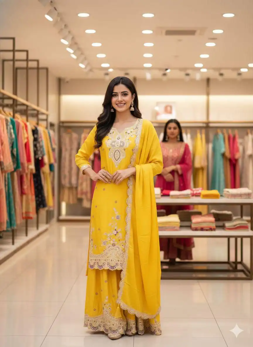 LG 2058 Yellow Chinon Salwar Suit with Embroidery Work. Wedding, Party, Festive, Events, Grab it for ₹2449. Delivery 4-6 Working Days. Shop now. | Designer Suits, Jump Suits, Salwar suit, Casual Suits, Creative suits, Palazzo Suits, Party Wear Suits, Patiala Suits, Straight Suits