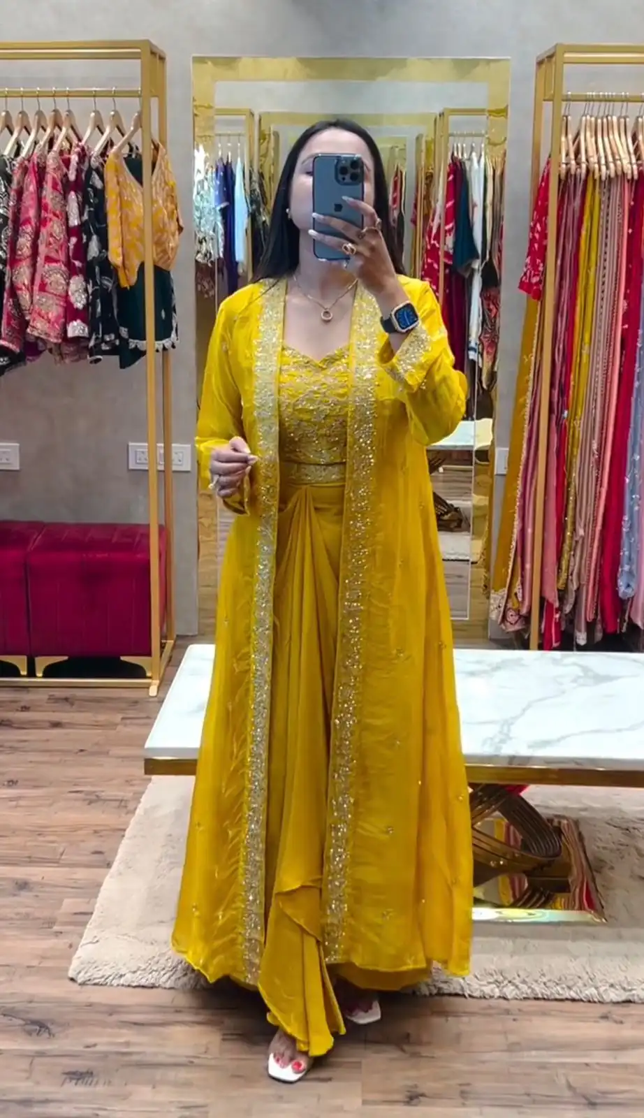 BB 56 Yellow Chinon Silk Dhoti Suit with Embroidery Work & Sequins Work. Grab it for ₹1899. Delivery 4-6 Working Days. Shop now. | Designer Suits, Jump Suits, Salwar suit, Casual Suits, Creative suits, Palazzo Suits, Party Wear Suits, Patiala Suits, Straight Suits