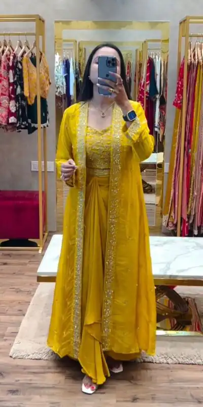 BB 56 Yellow Chinon Silk Dhoti Suit with Embroidery Work & Sequins Work. Grab it for ₹1899. Delivery 4-6 Working Days. Shop now. | Designer Suits, Jump Suits, Salwar suit, Casual Suits, Creative suits, Palazzo Suits, Party Wear Suits, Patiala Suits, Straight Suits