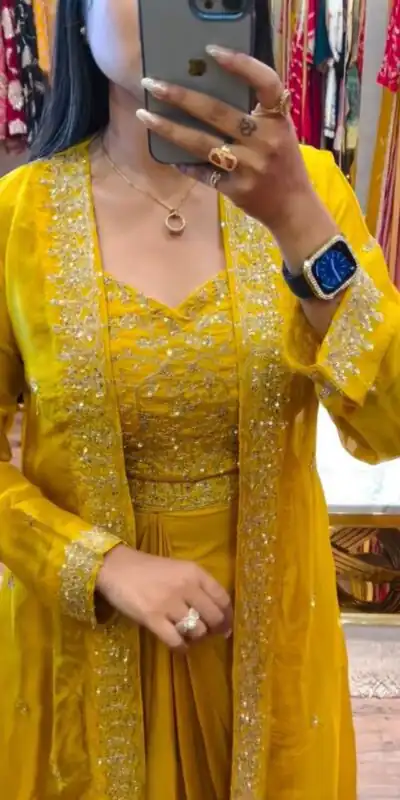 BB 56 Yellow Chinon Silk Dhoti Suit with Embroidery Work & Sequins Work. Grab it for ₹1899. Delivery 4-6 Working Days. Shop now. | Designer Suits, Jump Suits, Salwar suit, Casual Suits, Creative suits, Palazzo Suits, Party Wear Suits, Patiala Suits, Straight Suits