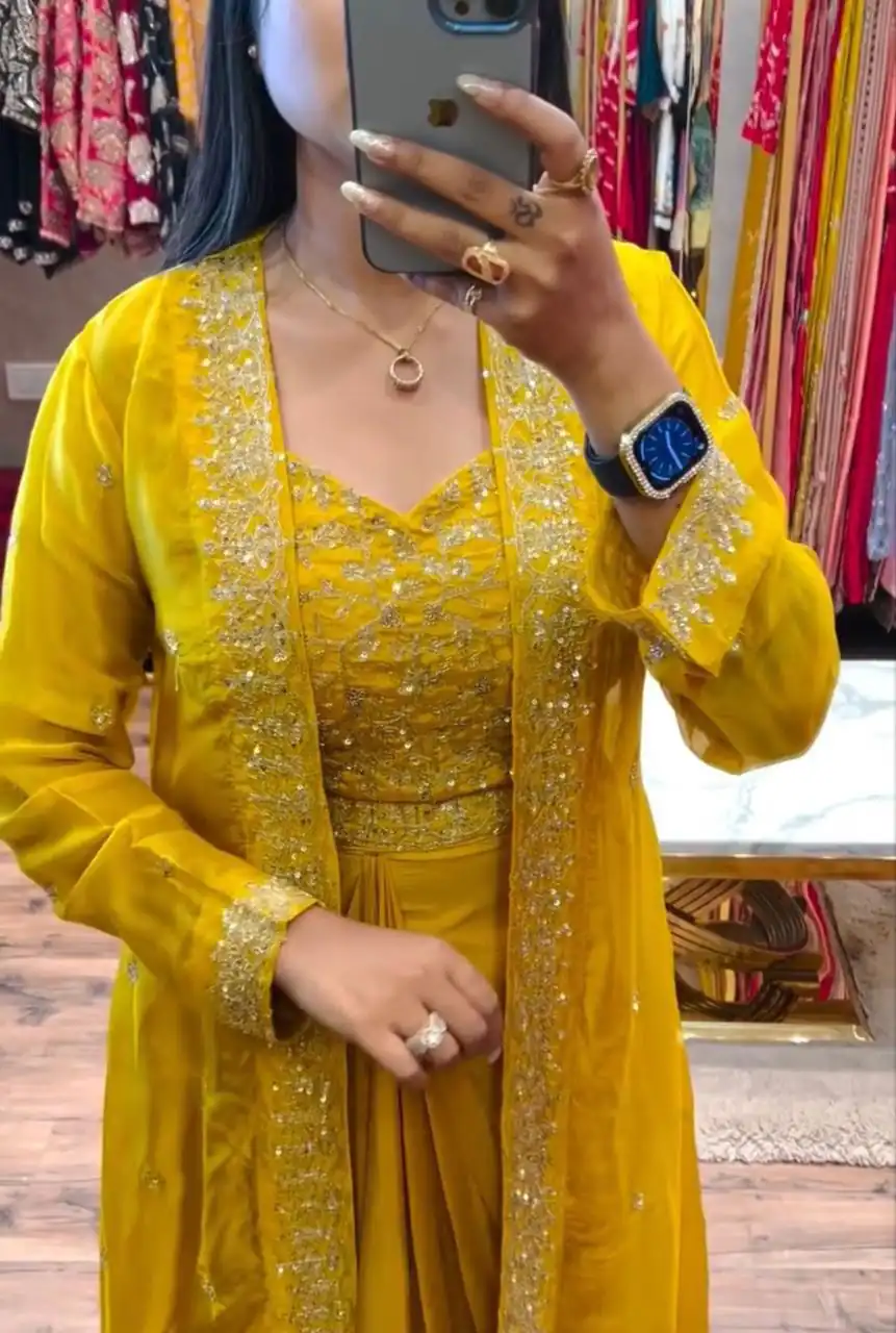 BB 56 Yellow Chinon Silk Dhoti Suit with Embroidery Work & Sequins Work. Grab it for ₹1899. Delivery 4-6 Working Days. Shop now. | Designer Suits, Jump Suits, Salwar suit, Casual Suits, Creative suits, Palazzo Suits, Party Wear Suits, Patiala Suits, Straight Suits