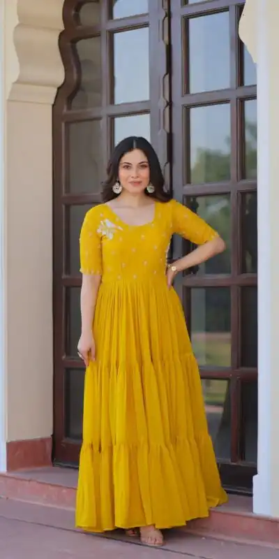 KA 1173 Yellow Faux Blooming Gown Perfect for Wedding, Party, Eid, Pooja, Baisakhi – . Now at just ₹1849. Delivery 4-6 Working Days. Shop now. | Gowns, Bollywood Gowns, Creative Gowns, Designer Gowns, Embroidered Gowns, Party Wear Gowns