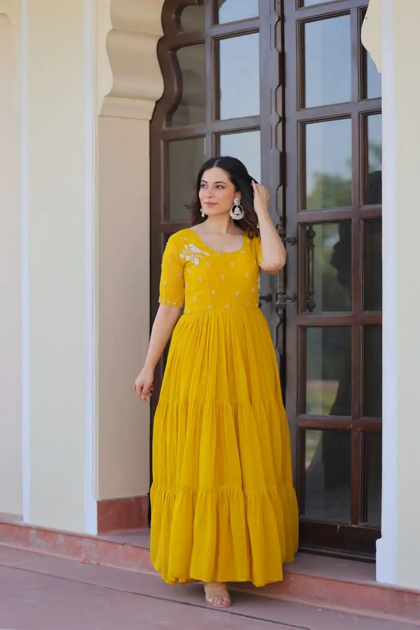 KA 1173 Yellow Faux Blooming Gown Perfect for Wedding, Party, Eid, Pooja, Baisakhi – . Now at just ₹1849. Delivery 4-6 Working Days. Shop now. | Gowns, Bollywood Gowns, Creative Gowns, Designer Gowns, Embroidered Gowns, Party Wear Gowns