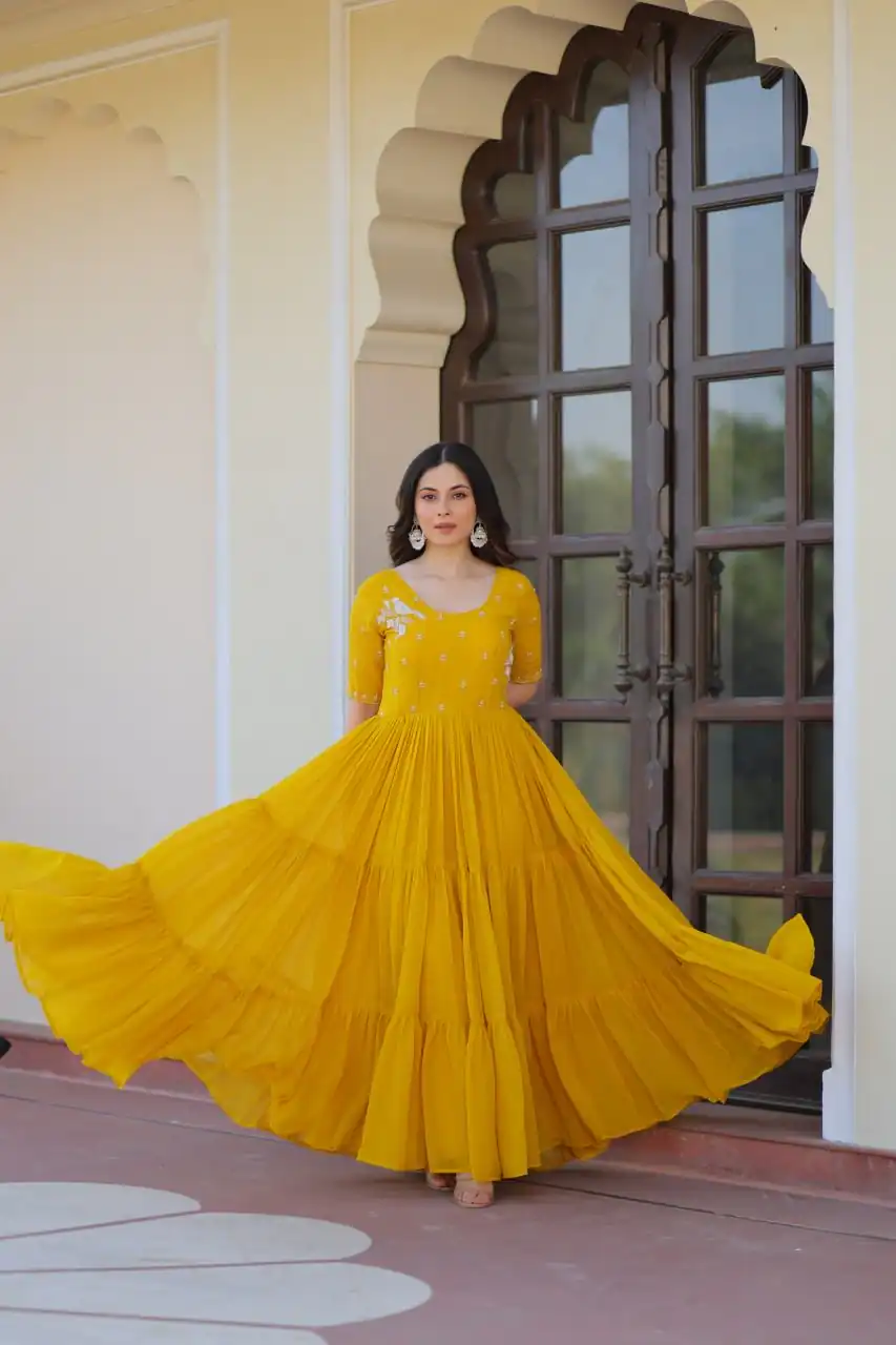 KA 1173 Yellow Faux Blooming Gown Perfect for Wedding, Party, Eid, Pooja, Baisakhi – . Now at just ₹1849. Delivery 4-6 Working Days. Shop now. | Gowns, Bollywood Gowns, Creative Gowns, Designer Gowns, Embroidered Gowns, Party Wear Gowns