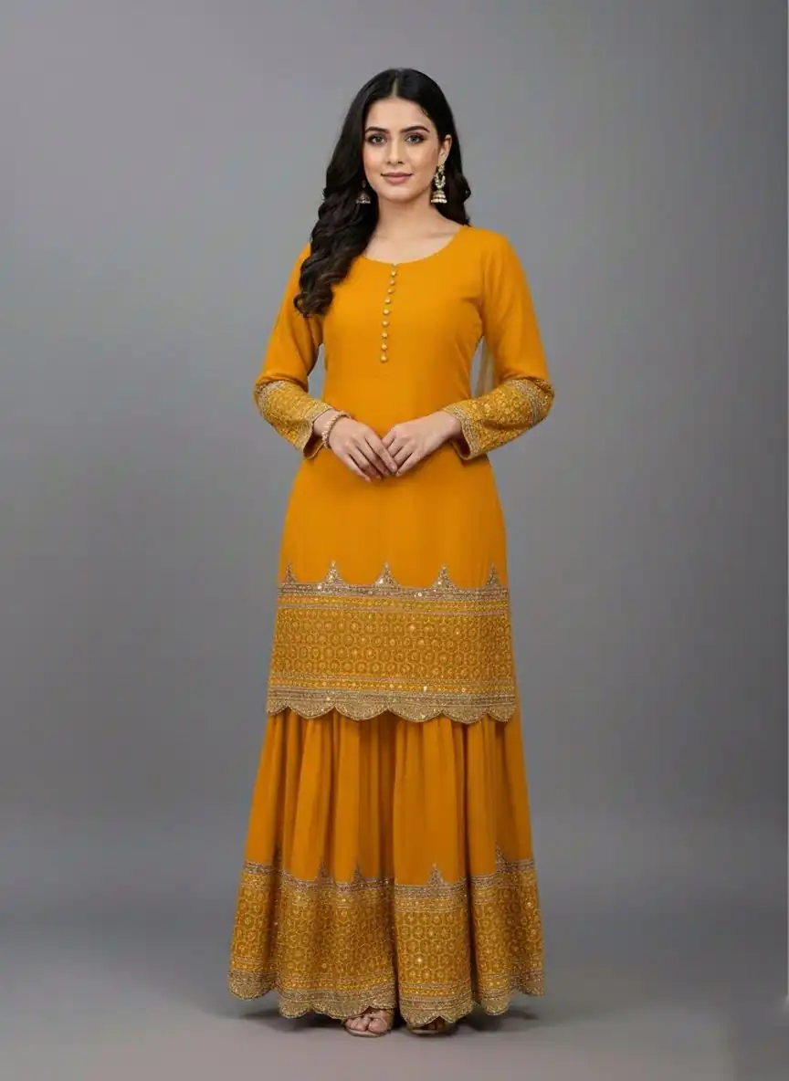 ZF 250 Yellow Color Faux Georgette Embroidery Sequence Work Sharara Suit Wedding, Party, Festive, Events Etc. Expected Delivery 4-6 Working Days @2099/- | Jump Suits, Straight Suits, Salwar suit, Designer Suits, Casual Suits, Creative suits, Palazzo Suits, Party Wear Suits, Patiala Suits