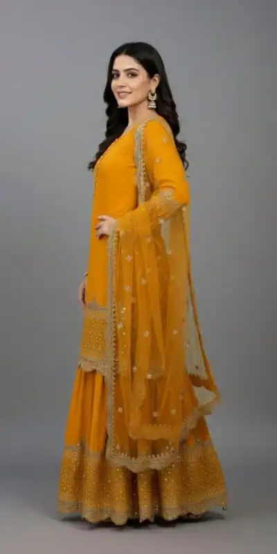 ZF 250 Yellow Color Faux Georgette Embroidery Sequence Work Sharara Suit Wedding, Party, Festive, Events Etc. Expected Delivery 4-6 Working Days @2099/- | Jump Suits, Straight Suits, Salwar suit, Designer Suits, Casual Suits, Creative suits, Palazzo Suits, Party Wear Suits, Patiala Suits