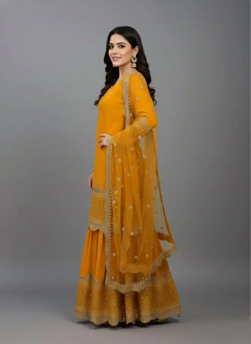 ZF 250 Yellow Color Faux Georgette Embroidery Sequence Work Sharara Suit Wedding, Party, Festive, Events Etc. Expected Delivery 4-6 Working Days @2099/- | Jump Suits, Straight Suits, Salwar suit, Designer Suits, Casual Suits, Creative suits, Palazzo Suits, Party Wear Suits, Patiala Suits