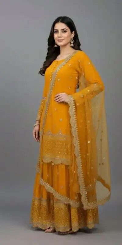 ZF 250 Yellow Color Faux Georgette Embroidery Sequence Work Sharara Suit Wedding, Party, Festive, Events Etc. Expected Delivery 4-6 Working Days @2099/- | Jump Suits, Straight Suits, Salwar suit, Designer Suits, Casual Suits, Creative suits, Palazzo Suits, Party Wear Suits, Patiala Suits