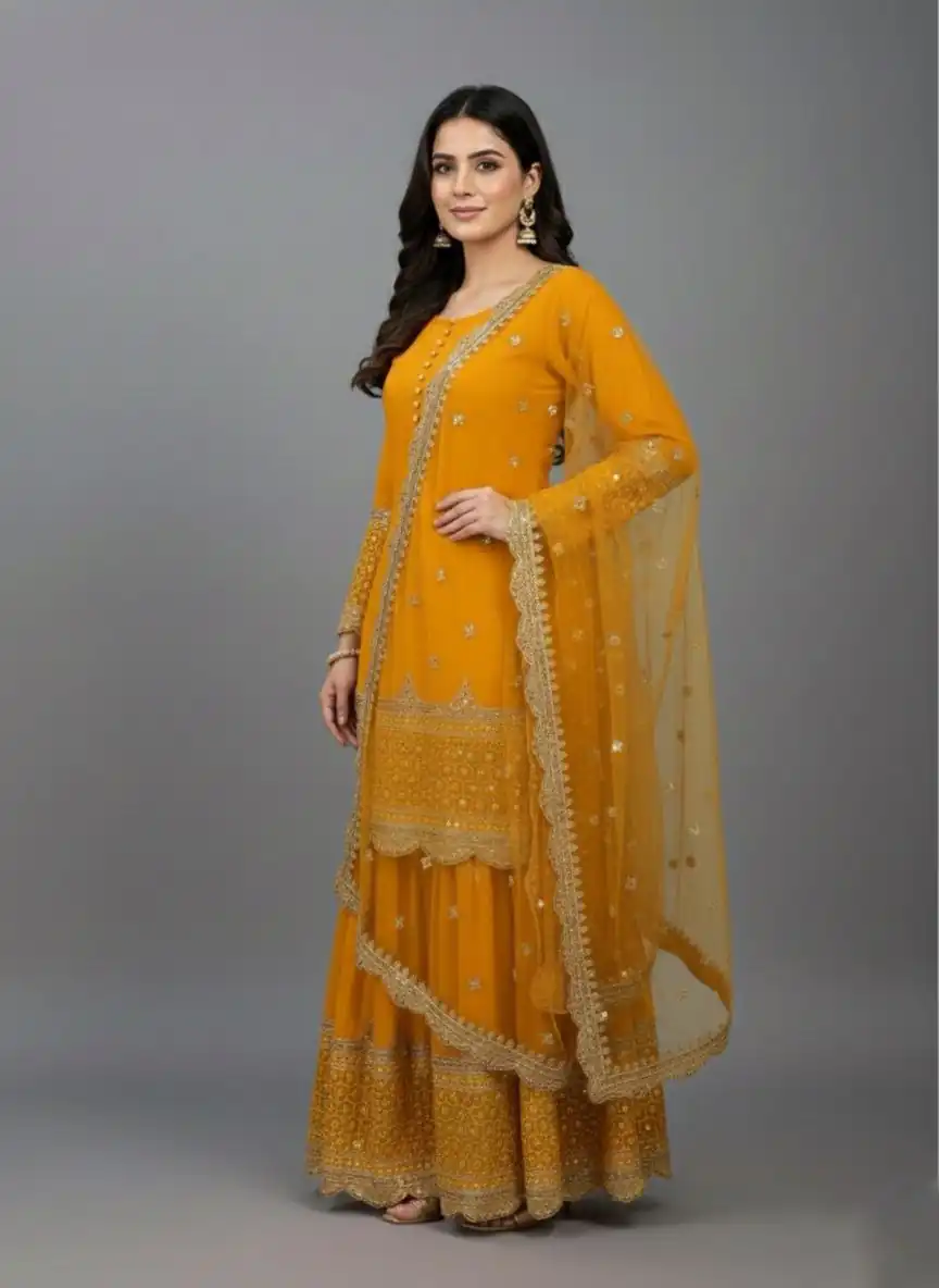 ZF 250 Yellow Color Faux Georgette Embroidery Sequence Work Sharara Suit Wedding, Party, Festive, Events Etc. Expected Delivery 4-6 Working Days @2099/- | Jump Suits, Straight Suits, Salwar suit, Designer Suits, Casual Suits, Creative suits, Palazzo Suits, Party Wear Suits, Patiala Suits