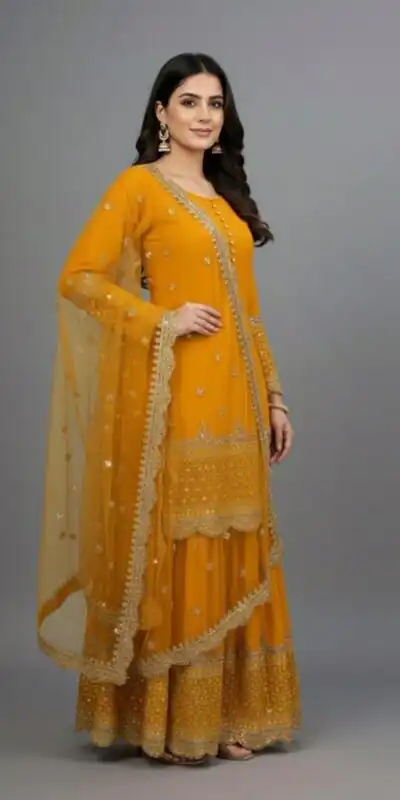 ZF 250 Yellow Color Faux Georgette Embroidery Sequence Work Sharara Suit Wedding, Party, Festive, Events Etc. Expected Delivery 4-6 Working Days @2099/- | Jump Suits, Straight Suits, Salwar suit, Designer Suits, Casual Suits, Creative suits, Palazzo Suits, Party Wear Suits, Patiala Suits