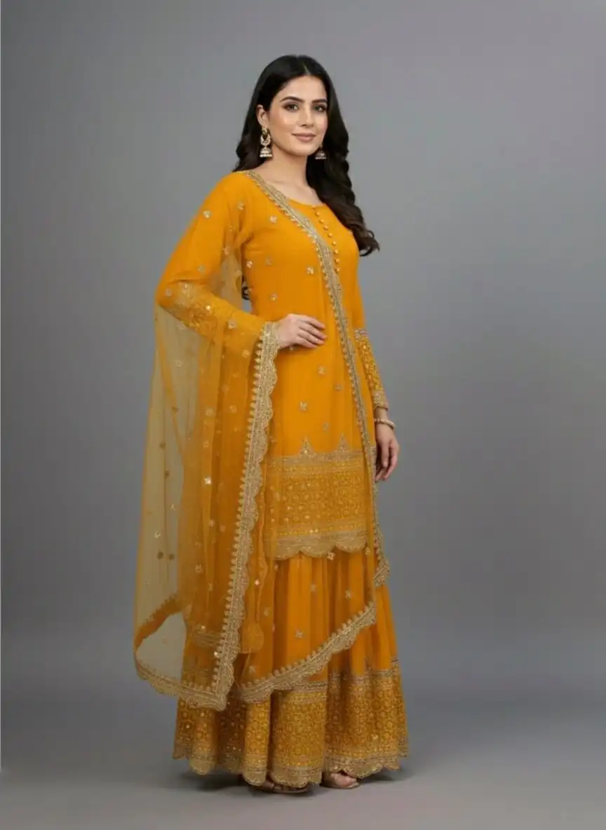 ZF 250 Yellow Color Faux Georgette Embroidery Sequence Work Sharara Suit Wedding, Party, Festive, Events Etc. Expected Delivery 4-6 Working Days @2099/- | Jump Suits, Straight Suits, Salwar suit, Designer Suits, Casual Suits, Creative suits, Palazzo Suits, Party Wear Suits, Patiala Suits