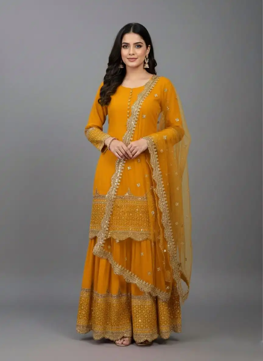 ZF 250 Yellow Color Faux Georgette Embroidery Sequence Work Sharara Suit Wedding, Party, Festive, Events Etc. Expected Delivery 4-6 Working Days @2099/- | Jump Suits, Straight Suits, Salwar suit, Designer Suits, Casual Suits, Creative suits, Palazzo Suits, Party Wear Suits, Patiala Suits