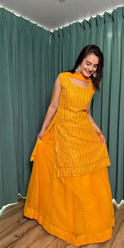 FB L299 Yellow in Color Georgette Mirror Work Lehenga Choli e. Introductory Price ₹2549. Delivery 4-6 Working Days. Shop now. | Lehenga, Bollywood Lehenga, Creative Lehenga, Designer Lehenga, Embroidered Lehenga, Party Wear Lehenga