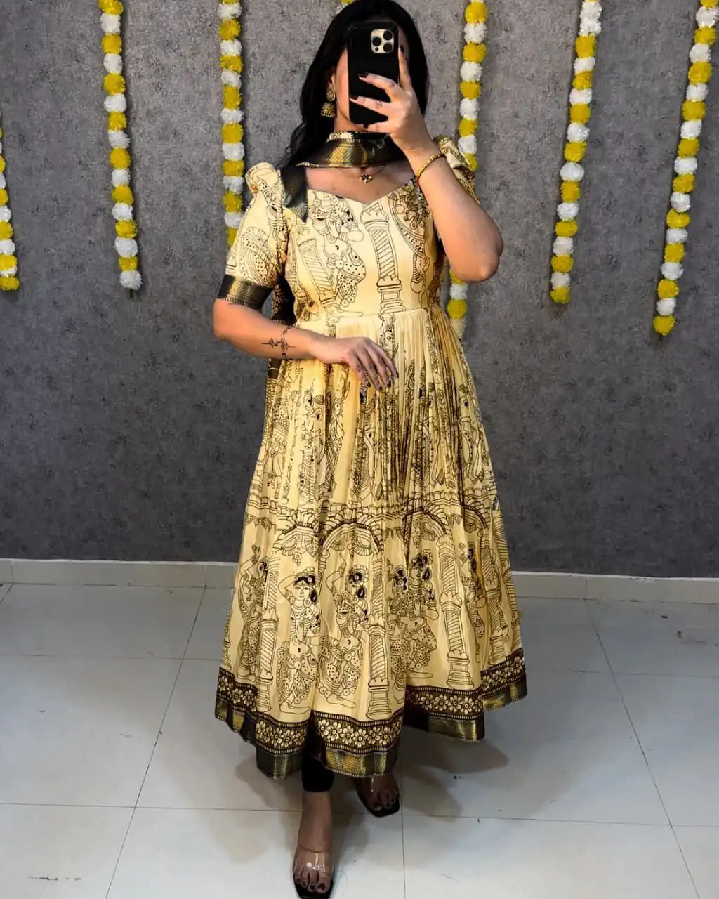 MF 666 Yellow Malai Satin Gown with Digital Print & Kalamkari Print. Now at just ₹1499. Delivery 4-6 Working Days. Shop now. | Gowns, Bollywood Gowns, Creative Gowns, Designer Gowns, Embroidered Gowns, Party Wear Gowns