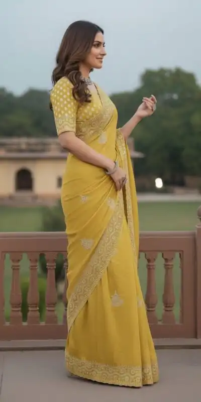 JR 654 Yellow Color Soft Gold Crush Saree with Embroidery Work. Affordable Price ₹2049. Delivery 4-6 Working Days. Shop now. | Sarees, Bollywood Sarees, Creative Sarees, Designer Sarees, Embroidered Sarees, Ethnic Saree, Modern Digital sarees, Party Wear Sarees