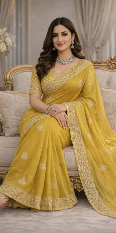 JR 654 Yellow Color Soft Gold Crush Saree with Embroidery Work. Affordable Price ₹2049. Delivery 4-6 Working Days. Shop now. | Sarees, Bollywood Sarees, Creative Sarees, Designer Sarees, Embroidered Sarees, Ethnic Saree, Modern Digital sarees, Party Wear Sarees