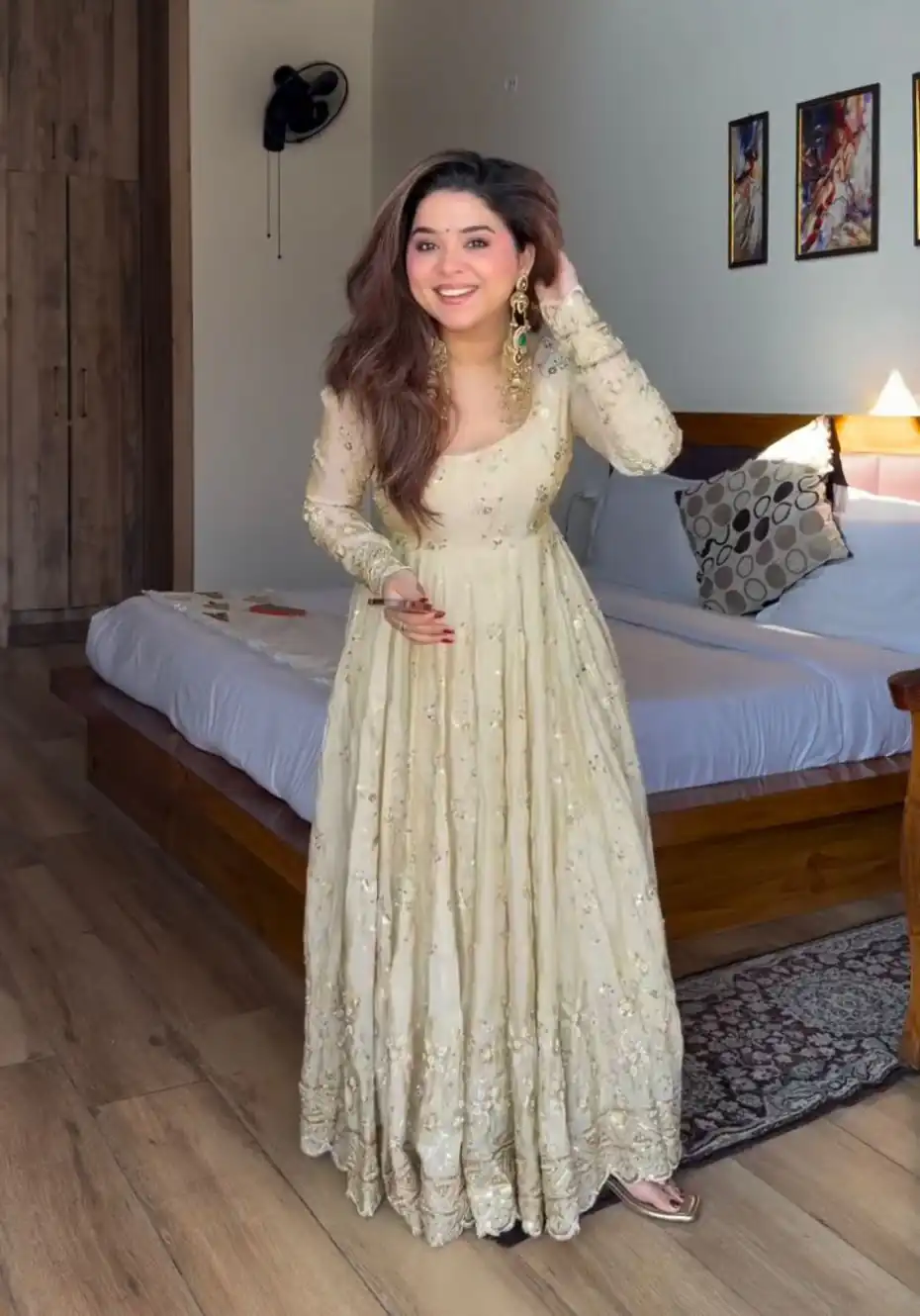 Alluring Cream Crunchy Silk Embroidery Work Anarkali Suit - Image 3