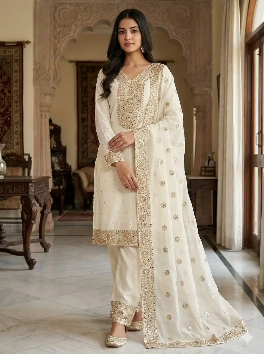 Alluring Off White Fendy Silk Sequence Work Salwar Suit - Image 2