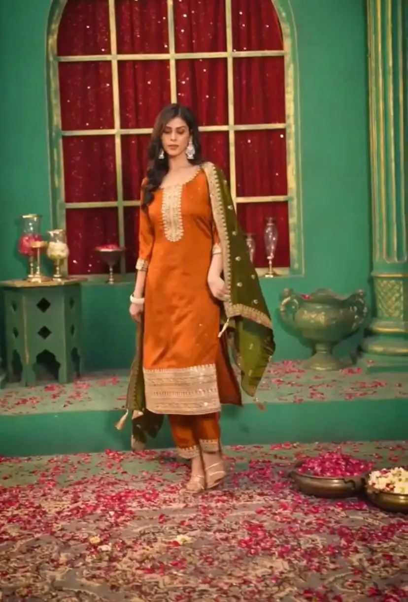 Angelic Orange Chinon Silk Embroider Work Salwar Suit - Image 3