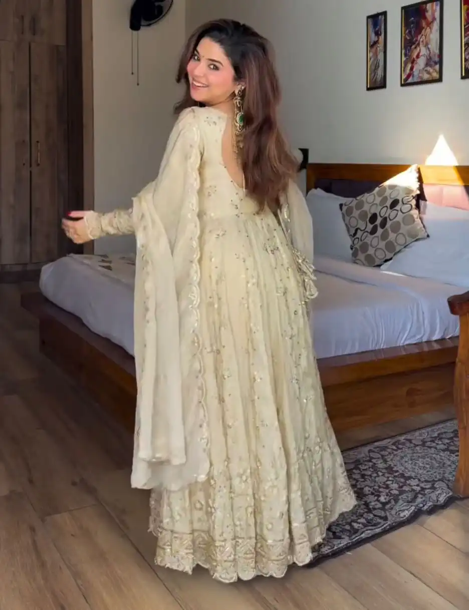 Attractive Cream Chinon Silk Sequence Work Gown - Image 2