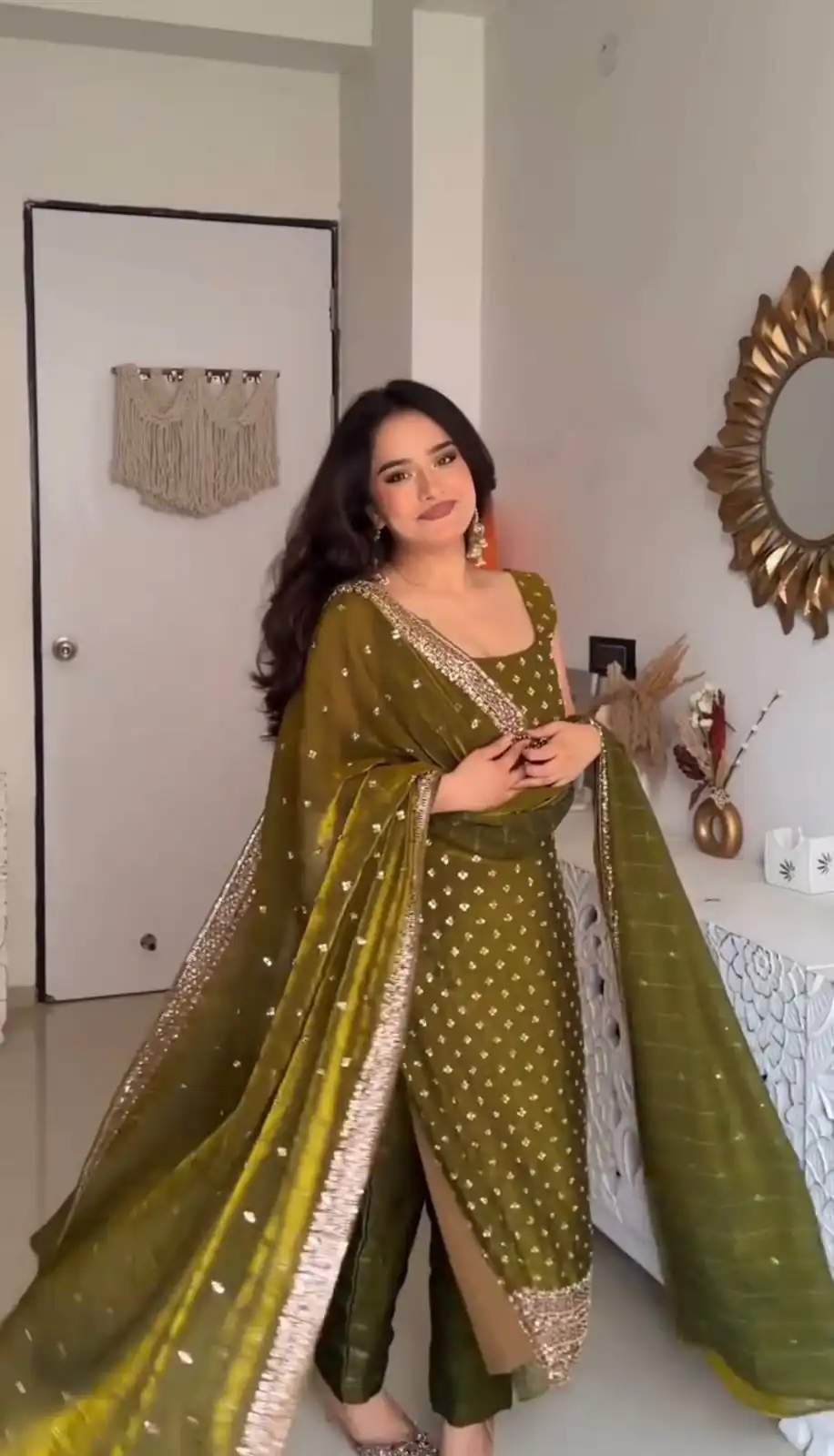 Classic Mehendi Fendy Silk Sequence Work Salwar Suit - Image 4