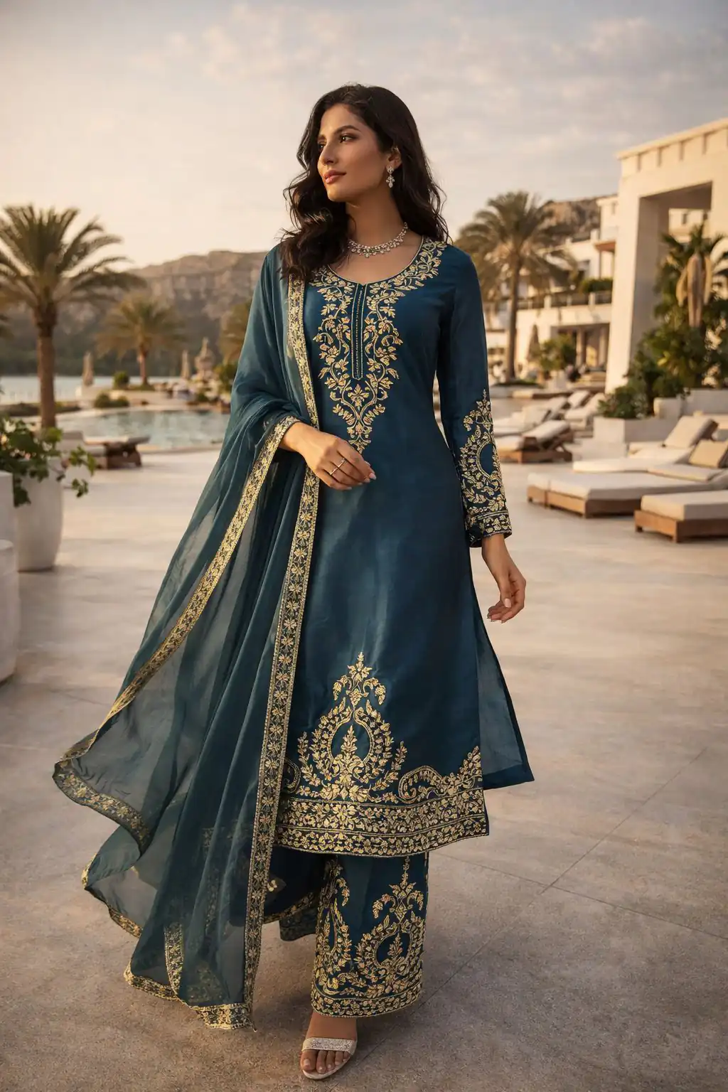 Classic Teal Blue Zimmy Silk Thread Work  Salwar Suit - Image 3