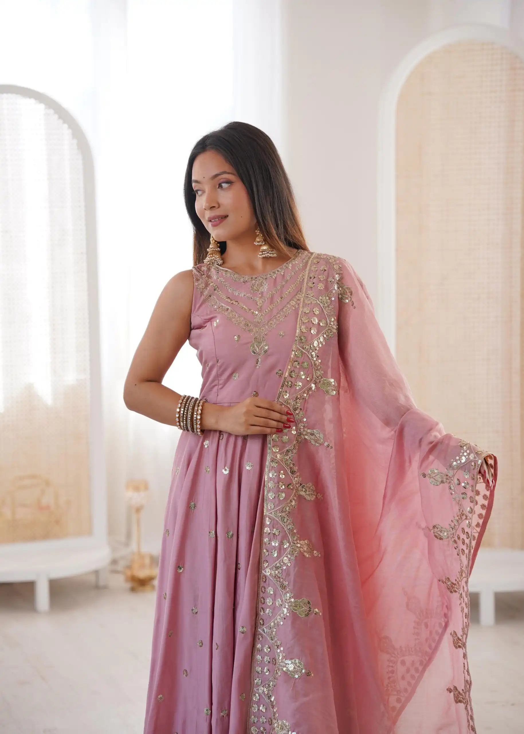 Elegant Pink Roman Silk Embroidery Work Gown - Image 3