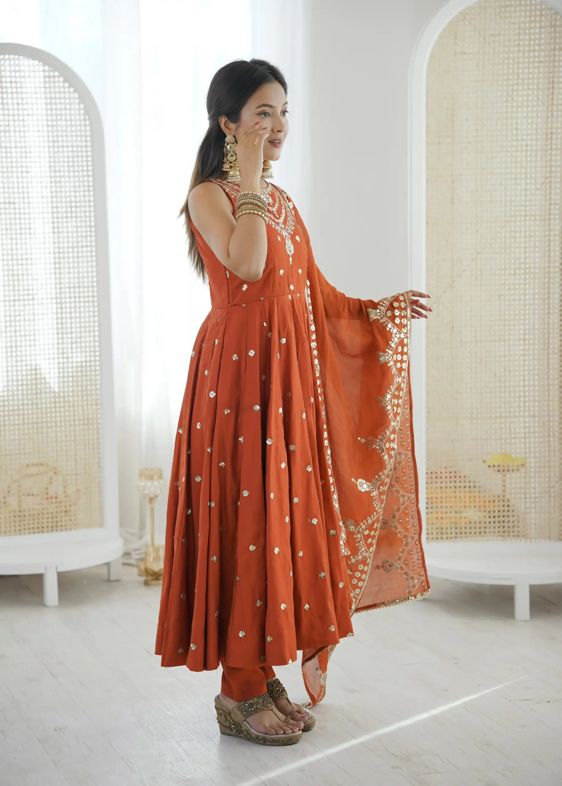 Elegant Rust Roman Silk Embroidery Work Gown - Image 3