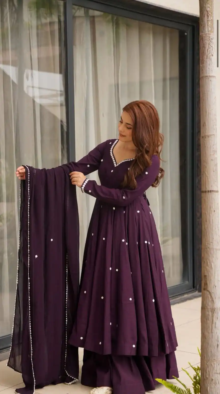 Fair Dark Purple Roman Silk Embroidery Work Anarkali Suit - Image 4