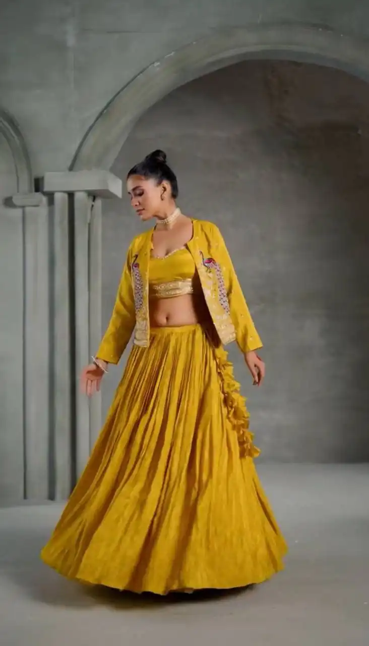Majestic Yellow Chinon Thread Work Lehenga Choli