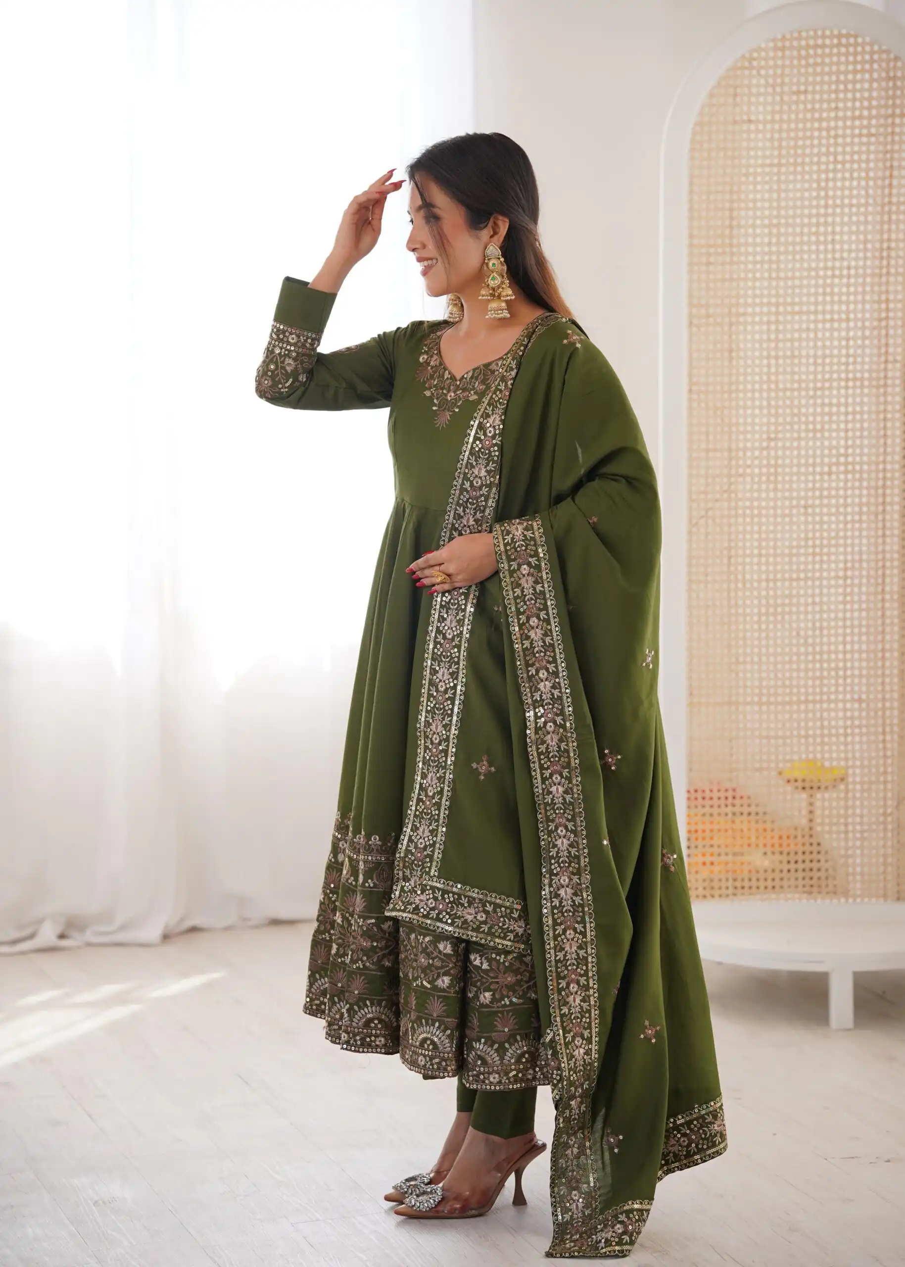 Nice Mehendi Roman Silk Embroidery Work Gown - Image 8