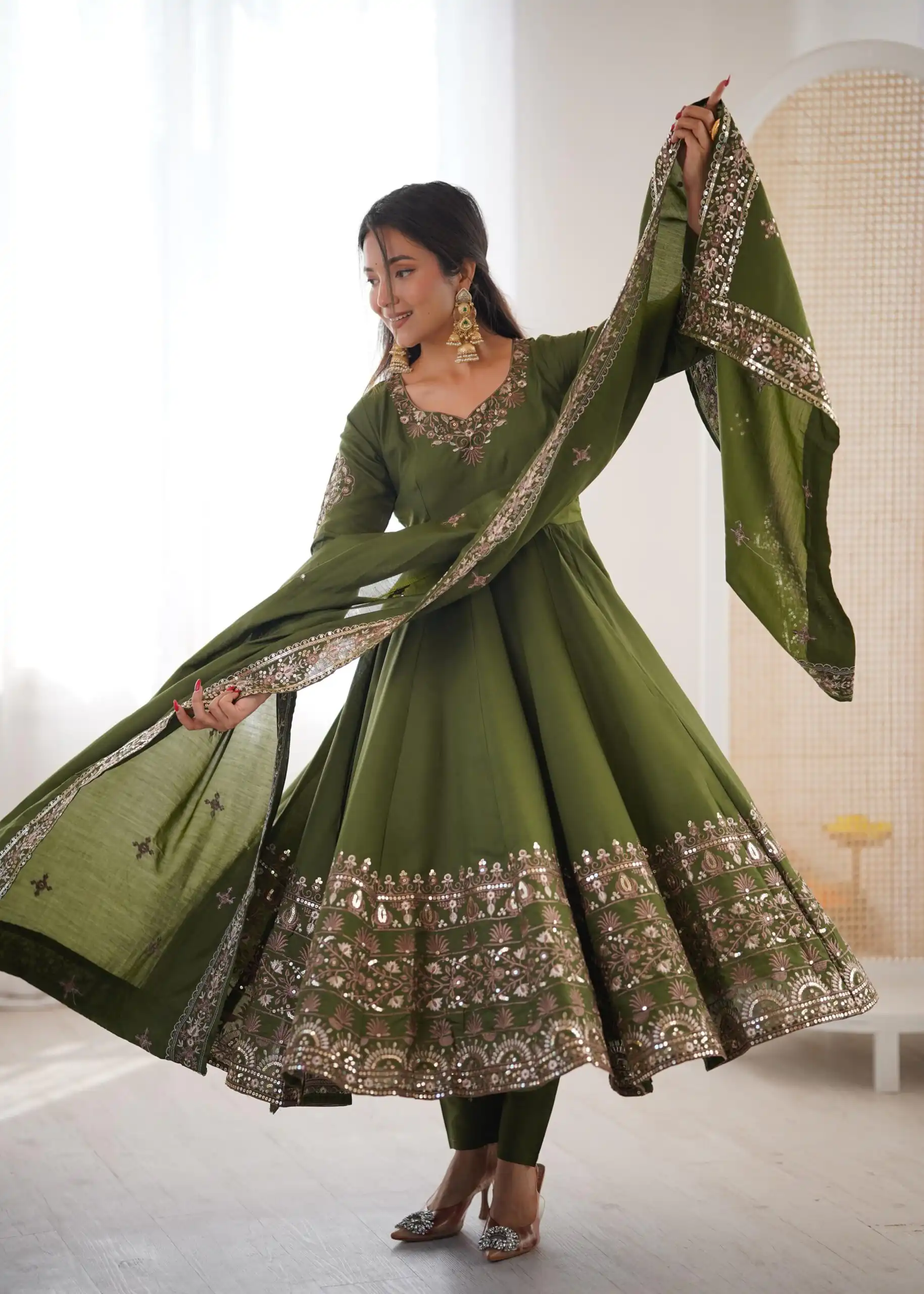 Nice Mehendi Roman Silk Embroidery Work Gown