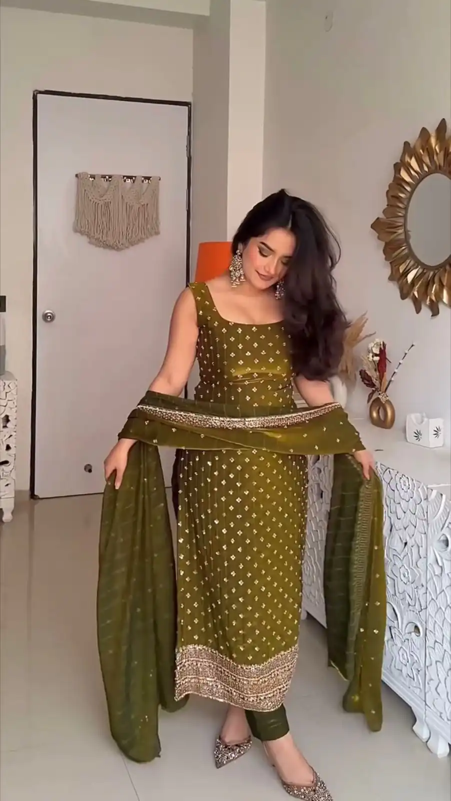 Perfect Mehendi Fendy Silk Sequence Work Salwar Suit - Image 2