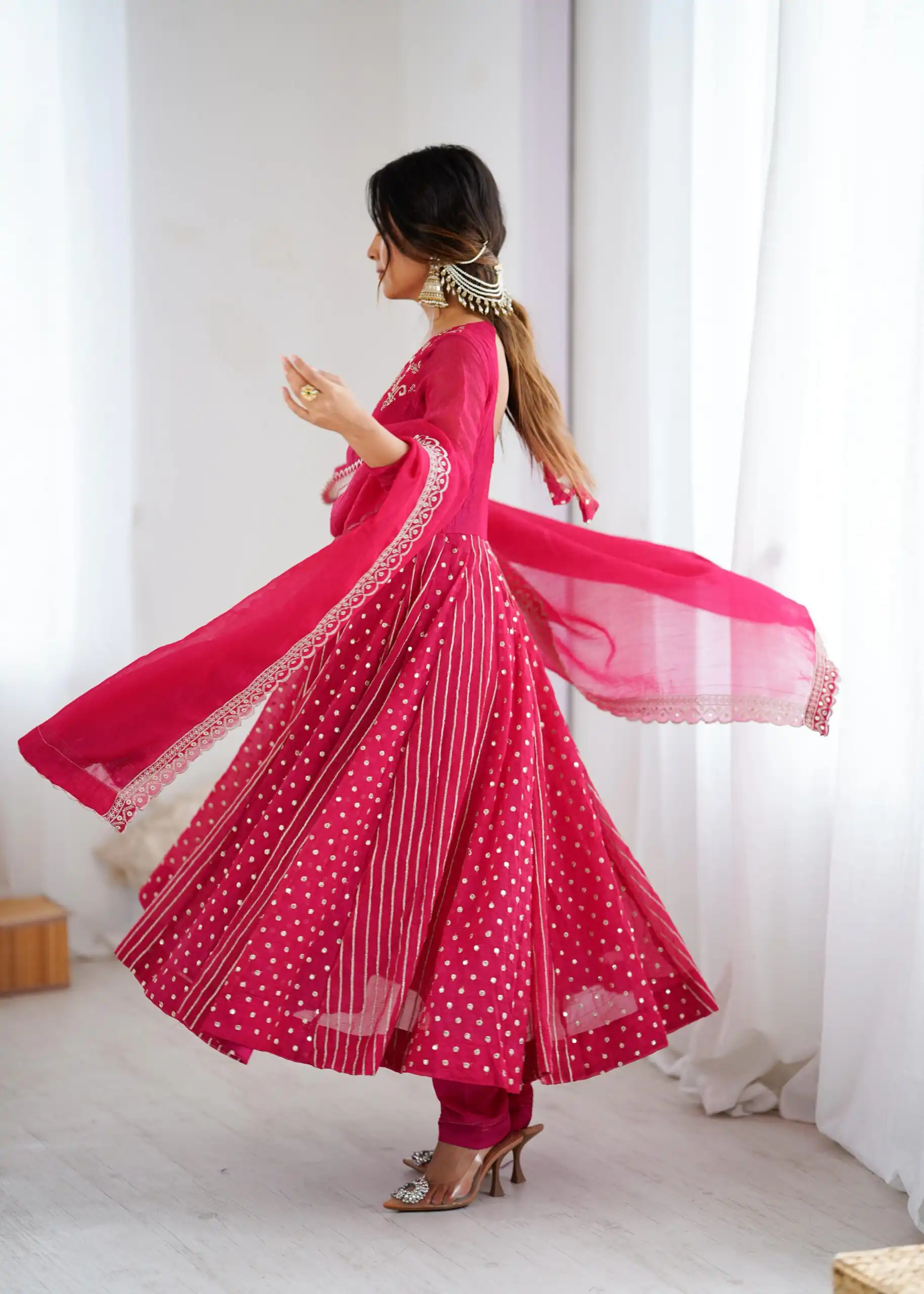 Pretty Pink Crunchy Silk Sequence Anarkali Gown - Image 10